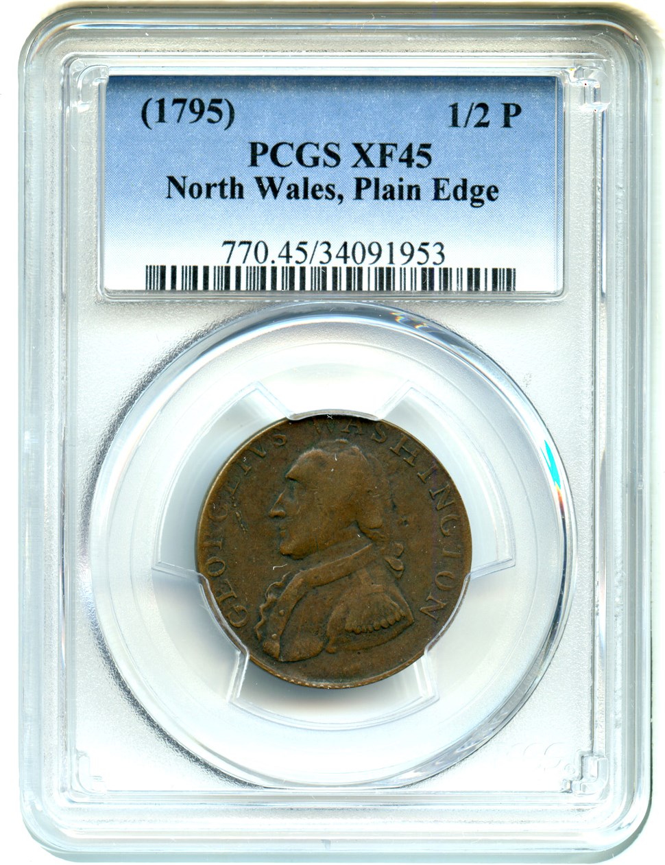 image for: 1795 Washington, North Wales 1/2 P PCGS XF45 (Plain Edge)