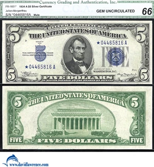 image for: Fr.1651* 1934-A $ 5 CGA Gem CU 66 *Star - Mule*