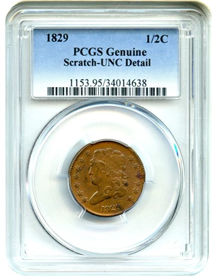 image for: 1829 1/2c PCGS UNC Details (Scratch)