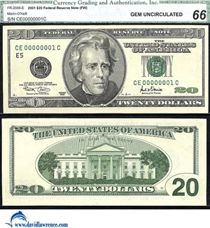 image for: Fr.2088-E 2001 $20 (FW) CGA Gem CU 66 *Serial CE00000001C*