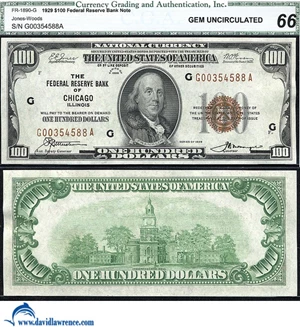 image for: Fr.1890-G 1929 $100 Chicago CGA Gem CU 66