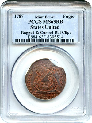 image for: Mint Error: 1787 Fugio PCGS MS63 RB (STATES UNITED, Ragged & Curved Dbl Clips)