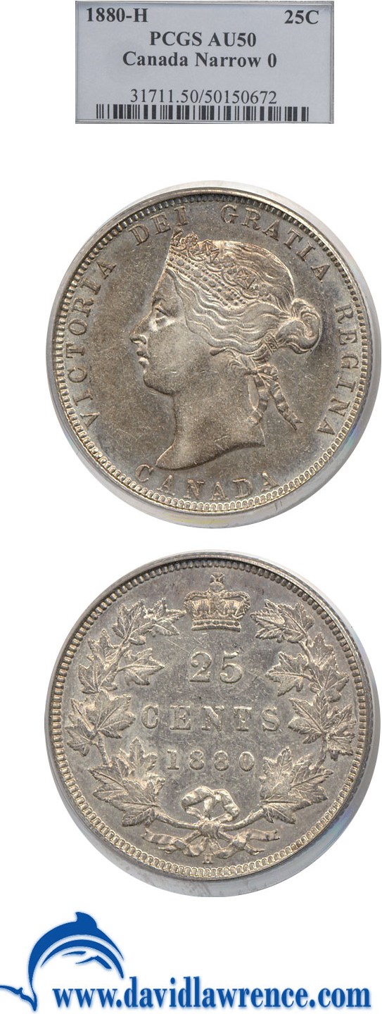 image for: Canada: 1880-H 25c Narrow O PCGS AU50