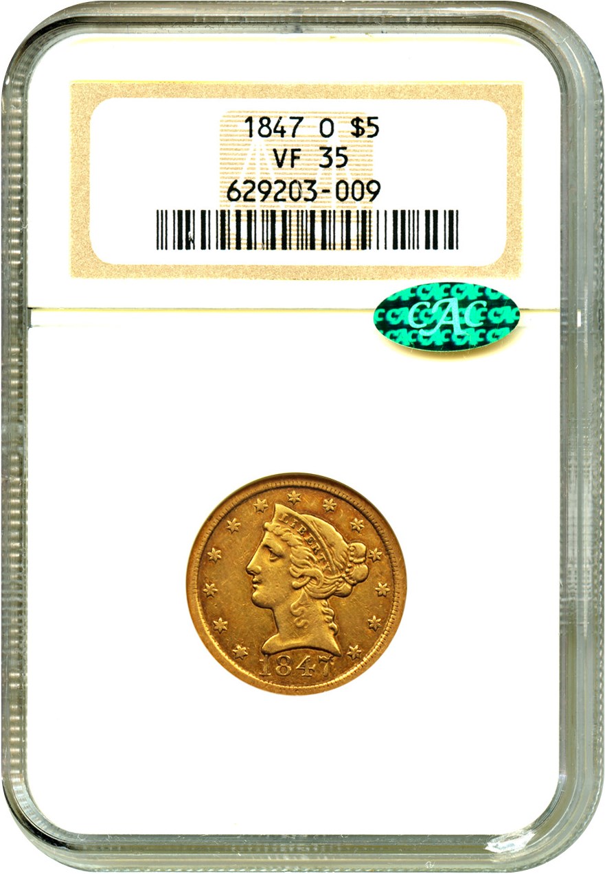 image for: 1847-O $5 NGC/CAC VF35