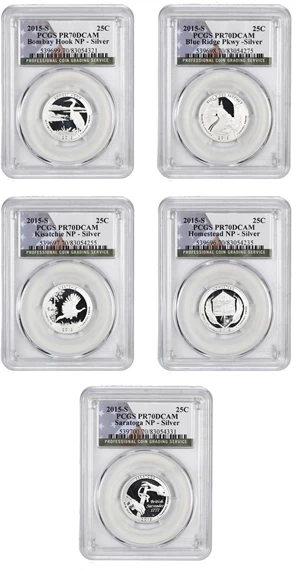 image for: Set of 2015-S National Parks 25c PCGS Proof 70 DCAM (Silver, 5 Coins)