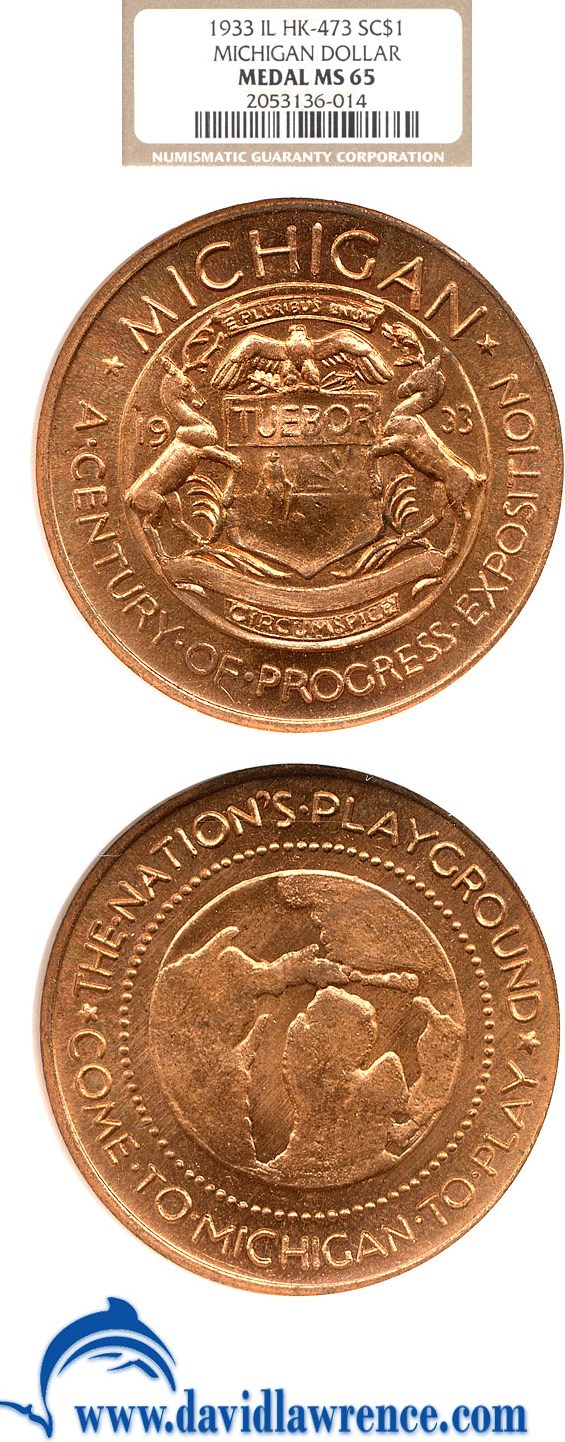 image for: 1933 SC$1 Michigan Dollar Medal NGC MS65 (IL HK-473) 