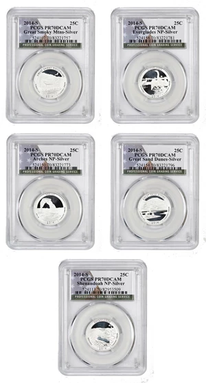 image for: Set of 2014-S National Parks 25c PCGS Proof 70 DCAM (Silver, 5 Coins)