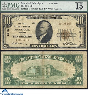 image for: Fr.1801-1 1929 $10 Type 1 PMG F 15 #1515. Marshall, MI.
