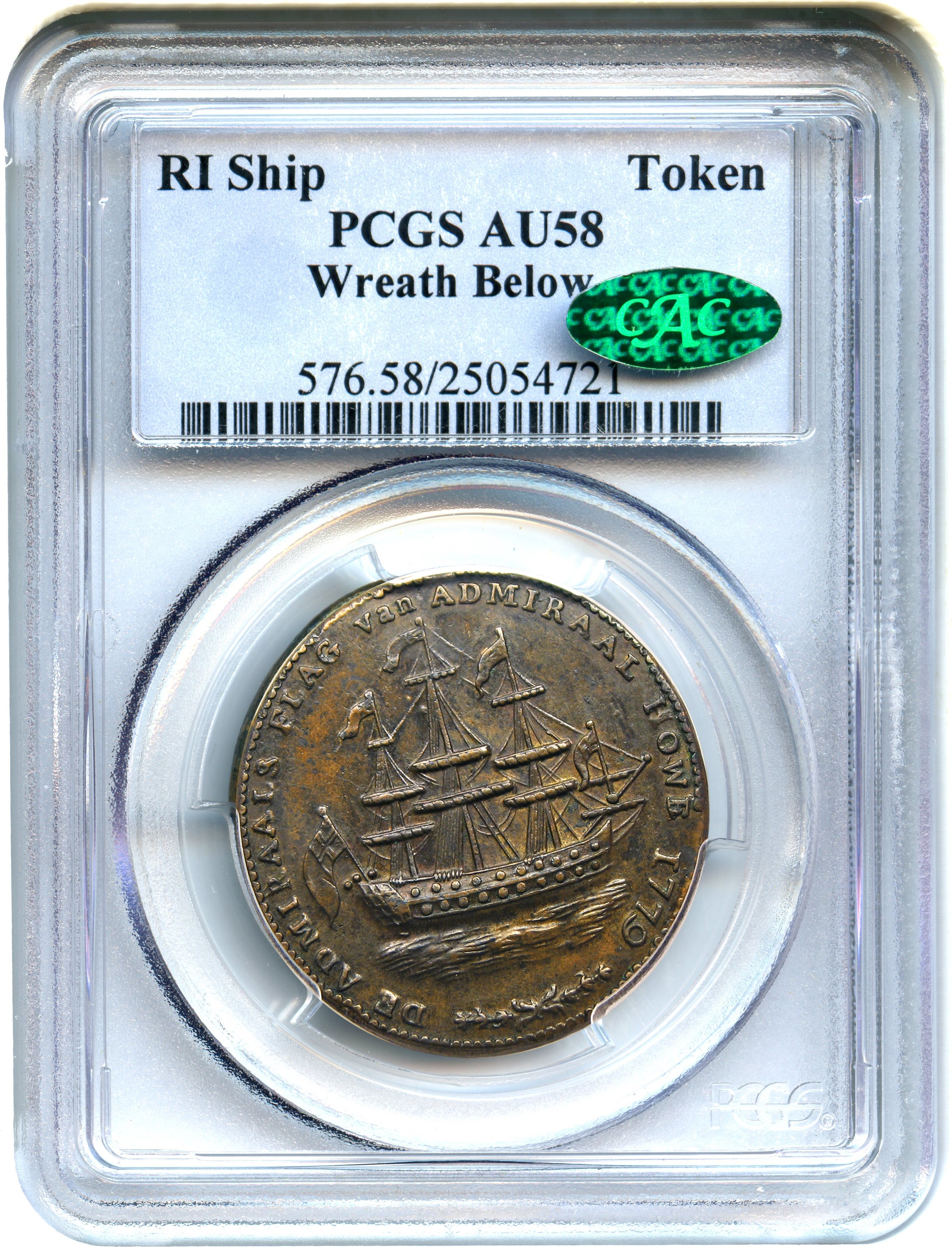 image for: Rhode Island Ship Token PCGS/CAC AU58 BN (Wreath Below)