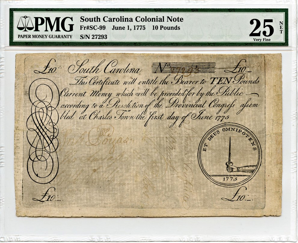 image for: Fr. SC99 June 1, 1775 10 Pounds PMG Very Fine 25