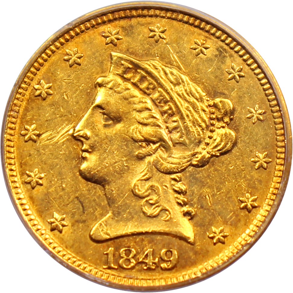 image for: 1849 $2 1/2 PCGS AU53