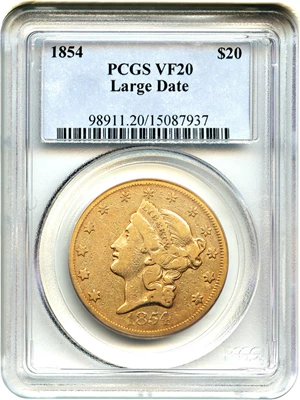 image for: 1854 $20 PCGS VF20 (Large Date)