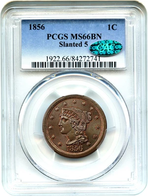 image for: 1856 1c PCGS/CAC MS66 BN (Slanted 5)