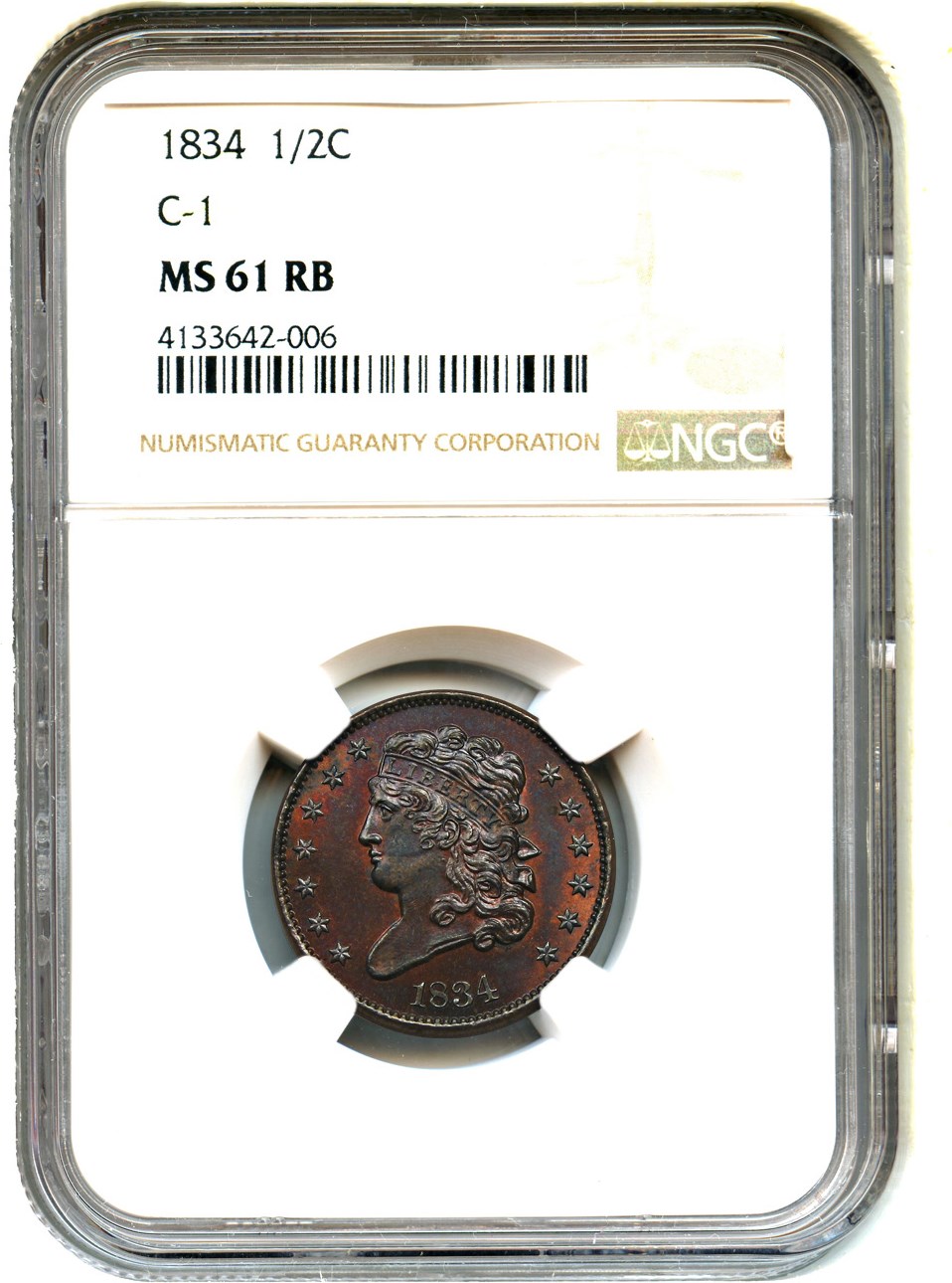 image for: 1834 1/2c NGC MS61 RB
