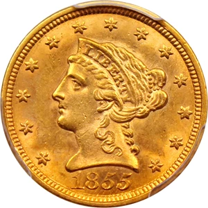 image for: 1855 $2 1/2 PCGS MS62