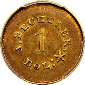 image for: A.Bechtler 27GR 21C G$1 PCGS AU53 (Plain Edge)