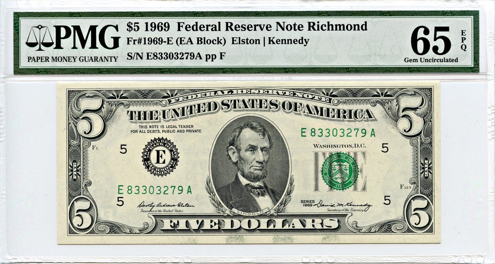 image for: FR. 1969E 1969 Dark Green Seal $5 Federal Reserve Note Richmond PMG Gem Unc 65 EPQ