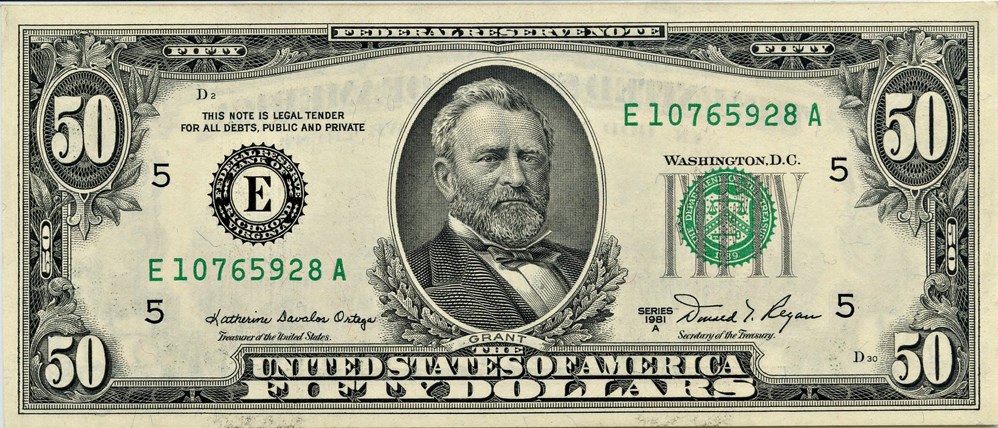 image for: FR. 2121E 1981A $50 Federal Reserve Note Richmond PMG Gem Unc 66 EPQ (Offset Printing Error of Front to Back)