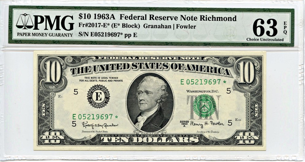 image for: FR. 2017E* 1963A Dark Green Seal $10 Federal Reserve Note Richmond PMG Choice Unc 63 EPQ
