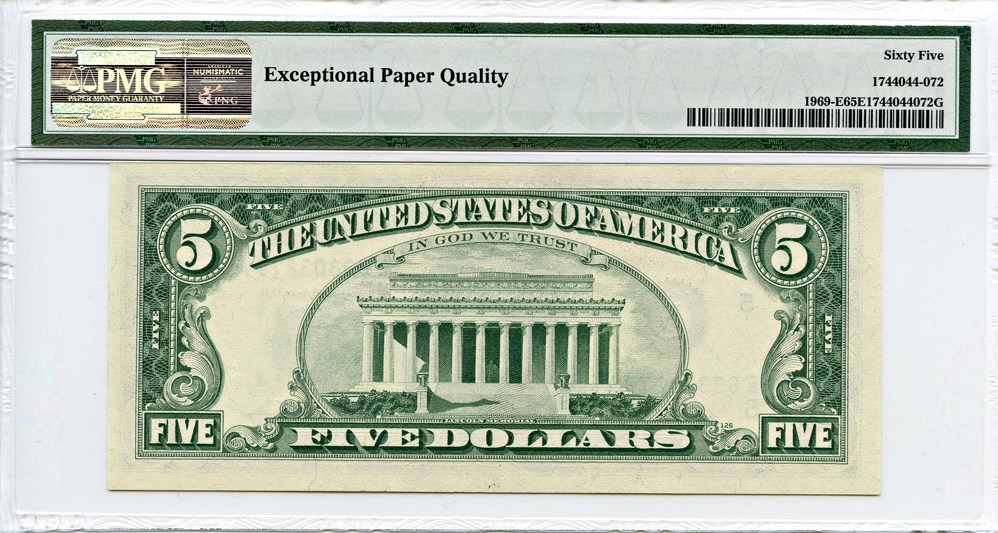 image for: FR. 1969E 1969 Dark Green Seal $5 Federal Reserve Note Richmond PMG Gem Unc 65 EPQ