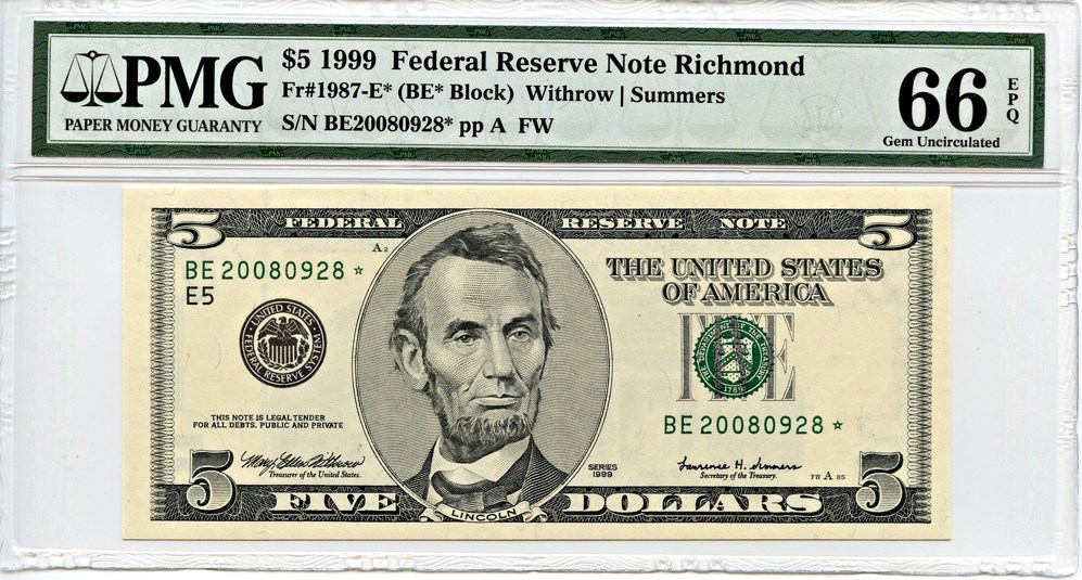 image for: FR. 1987E* 1999 $5 Federal Reserve Note PMG Gem Unc 66 EPQ