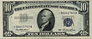 image for: FR. 1706* 1953 Blue Seal and Serial Numbers $10 Silver Cert PMG About Unc 55 (Small Internal Tear)