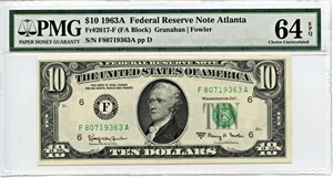 image for: FR. 2017F 1963A Dark Green Seal $10 Federal Reserve Note Atlanta PMG Choice Unc 64 EPQ
