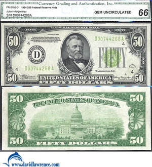 image for: Fr.2102-D 1934 $50 CGA Gem CU 66