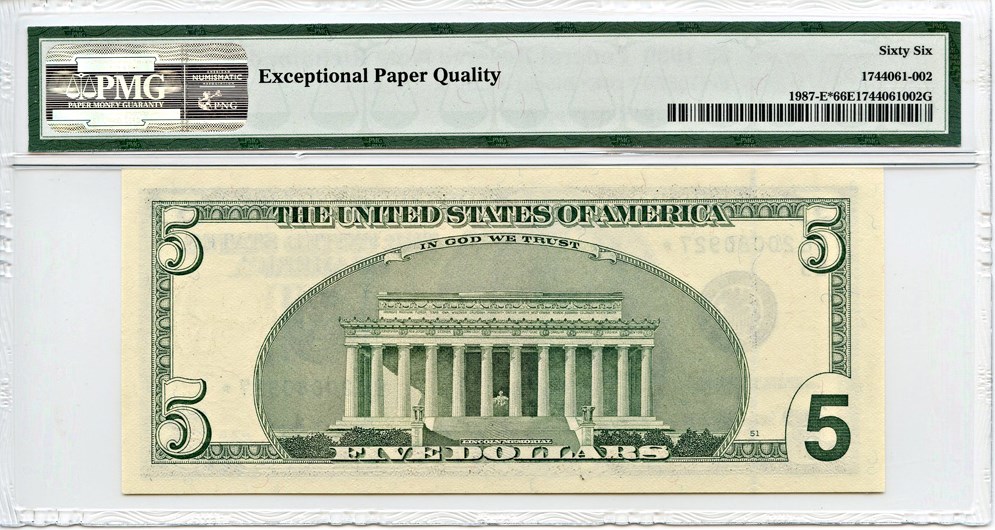 image for: FR. 1987E* 1999 $5 Federal Reserve Note Richmond PMG Gem Unc 66 EPQ