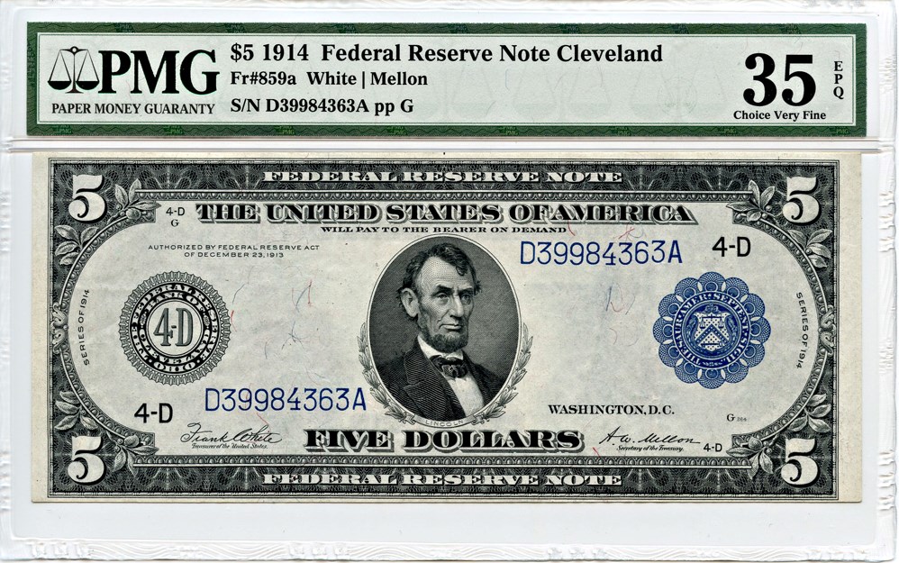 image for: FR. 859a 1914 Blue Seal $5 PMG Very Fine 35 EPQ