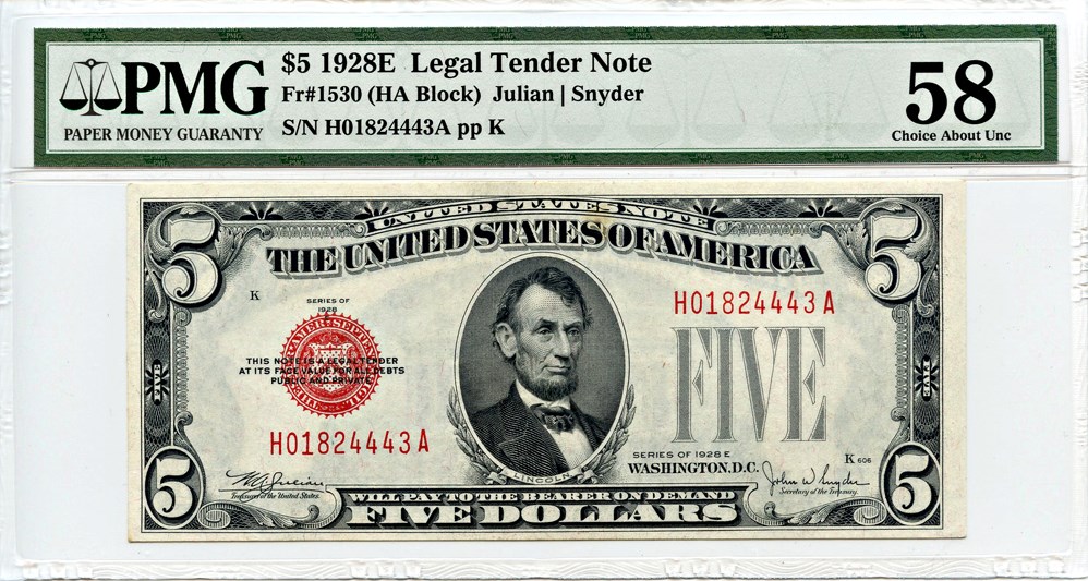 image for: FR. 1530 1928E $5 Legal Tender Note PMG About Unc 58