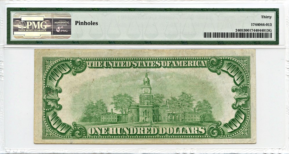 image for: FR. 2405 1928 Gold Seal and Serial Numbers $100 Gold Certificate PMG Very Fine 30 (Pinholes)