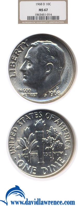 image for: 1968-D 10c NGC MS67