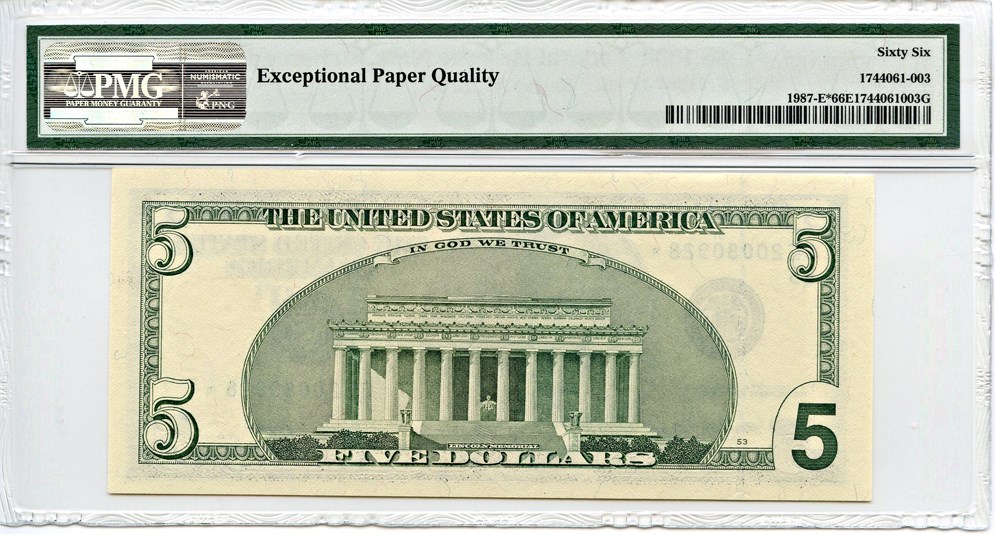 image for: FR. 1987E* 1999 $5 Federal Reserve Note PMG Gem Unc 66 EPQ