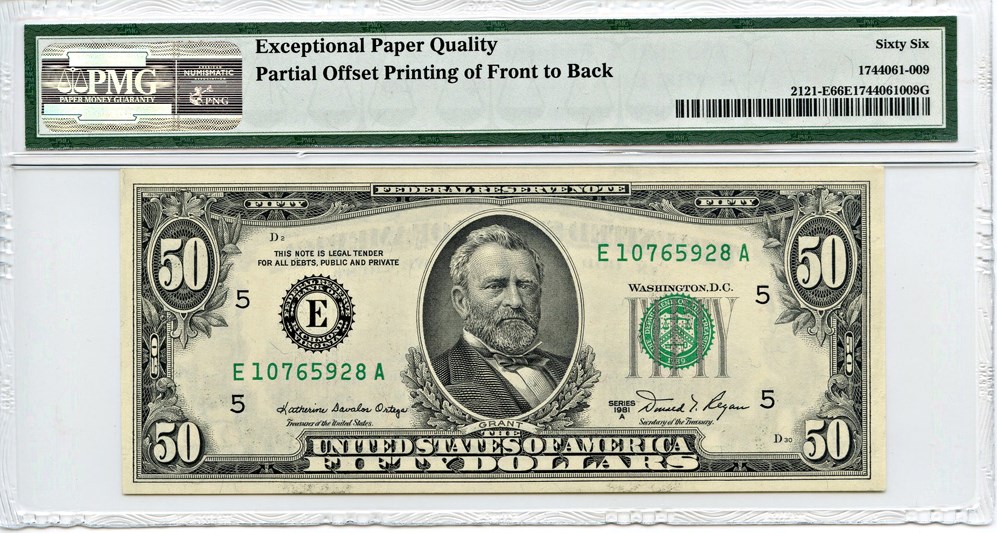 image for: FR. 2121E 1981A $50 Federal Reserve Note Richmond PMG Gem Unc 66 EPQ (Offset Printing Error of Front to Back)