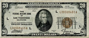 image for: FR. 1870L 1929 $20 Federal Reserve Bank Note San Francisco PMG Very Fine 30