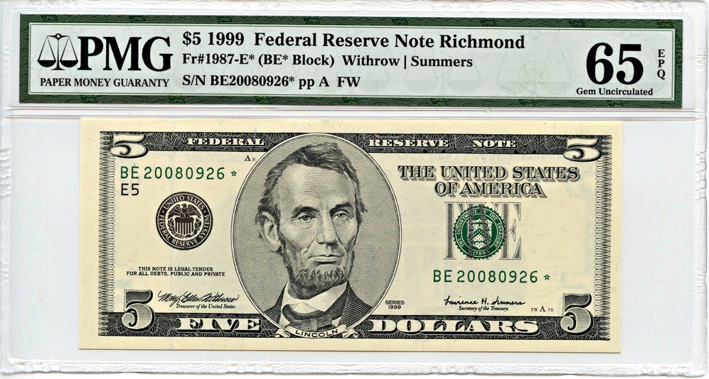 image for: FR. 1987E* 1999 $5 Federal Reserve Note Richmond PMG Gem Unc 65 EPQ