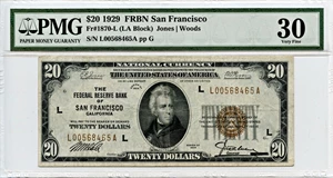 image for: FR. 1870L 1929 $20 Federal Reserve Bank Note San Francisco PMG Very Fine 30