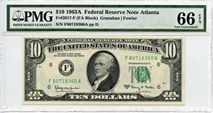 image for: FR. 2017F 1963A Dark Green Seal $10 Federal Reserve Note Atlanta PMG Gem Unc 66 EPQ
