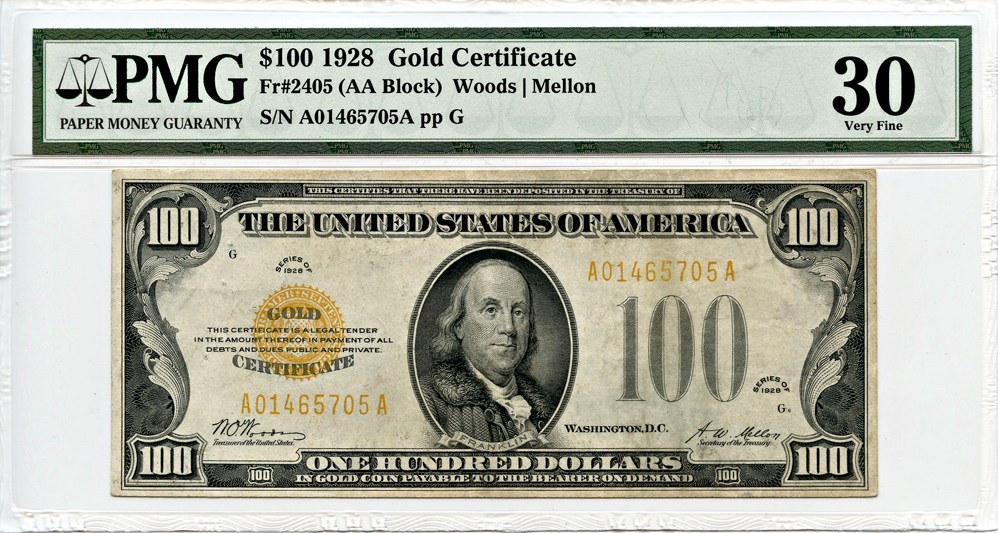 image for: FR. 2405 1928 Gold Seal and Serial Numbers $100 Gold Certificate PMG Very Fine 30 (Pinholes)