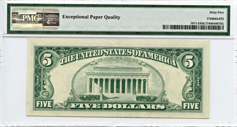 image for: FR. 1971E 1969B Dark Green Seal $5 Federal Reserve Note Richmond PMG Gem Unc 65 EPQ