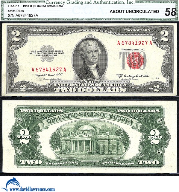 image for: Fr.1511 1953-B $ 2 CGA AU58