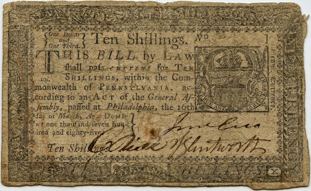 image for: FR. PA270 1785 16-Mar 10s Pennsylvania Colonial Note PMG Fine 15 (Minor Repairs)