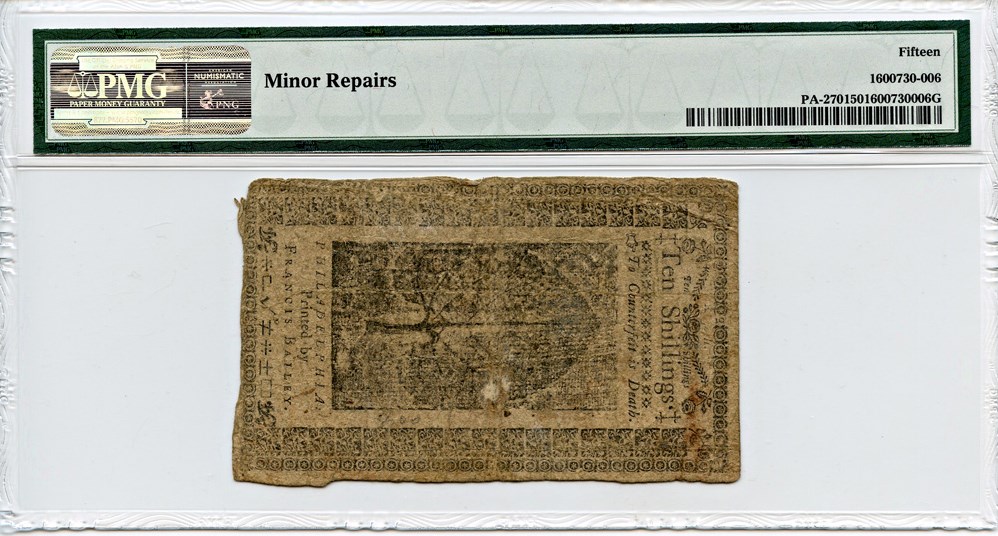image for: FR. PA270 1785 16-Mar 10s Pennsylvania Colonial Note PMG Fine 15 (Minor Repairs)