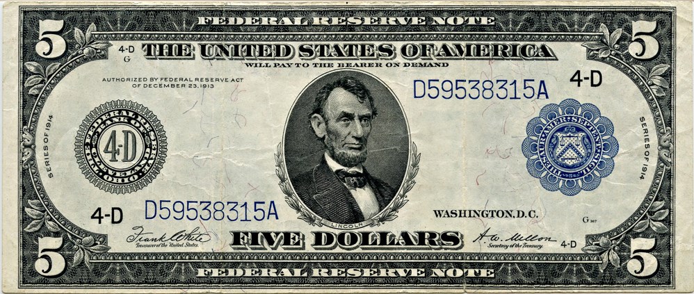 image for: FR. 859a 1914 Blue Seal $5 PMG Very Fine 30