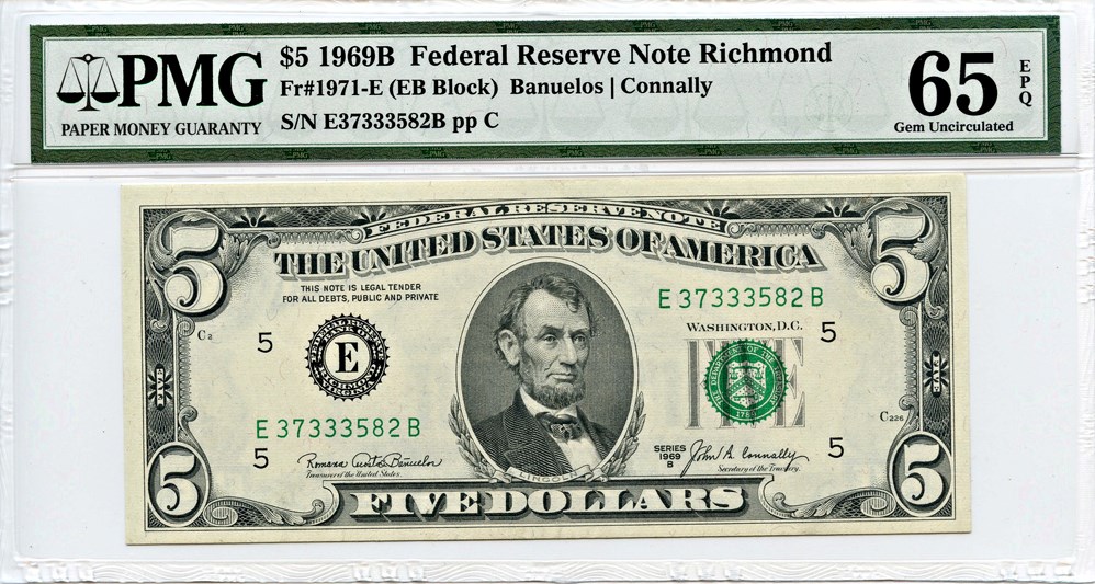 image for: FR. 1971E 1969B Dark Green Seal $5 Federal Reserve Note Richmond PMG Gem Unc 65 EPQ