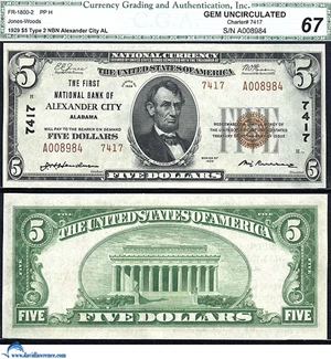 image for: Fr.1800-2 1929 $5 Type 2 CGA Gem CU 67 #7417. Alexander City, AL.