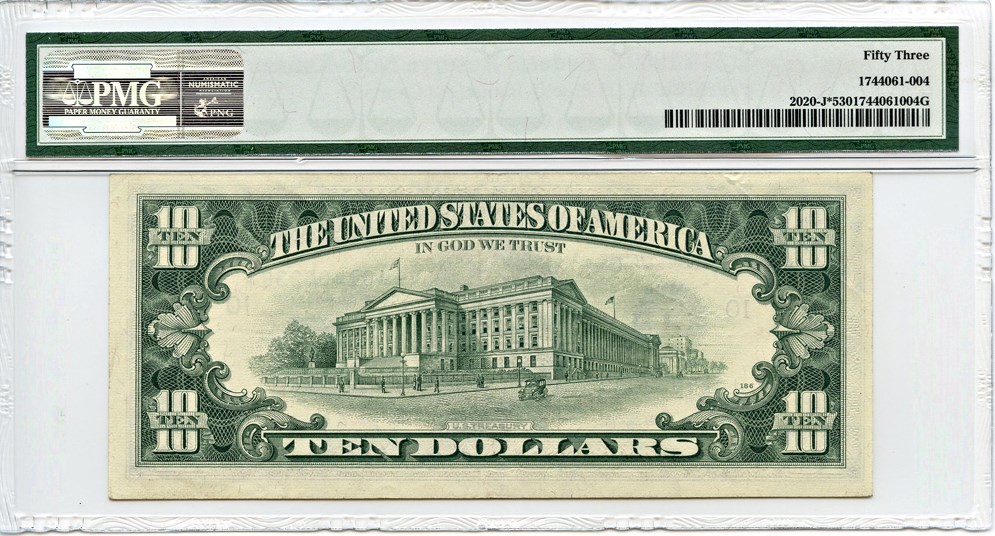 image for: FR. 2020J* 1969B Dark Green Seal $10 Federal Reserve Note Kansas City PMG About Unc 53