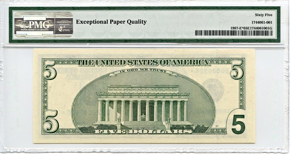 image for: FR. 1987E* 1999 $5 Federal Reserve Note Richmond PMG Gem Unc 65 EPQ