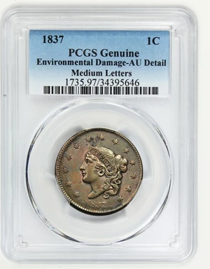 image for: 1837 1c PCGS AU Details (Medium Letters, Environmental Damage)